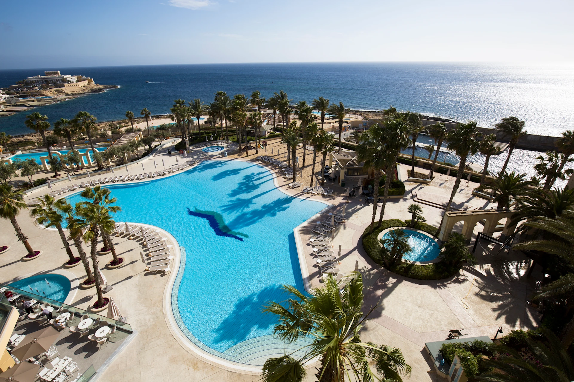 Hilton Malta aerial pool and sea view